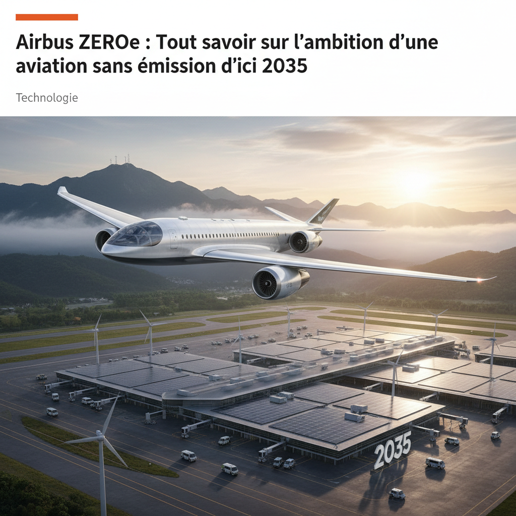 Un concept d'avion Airbus ZEROe propulsé à l'hydrogène, avec des hélices et un design futuriste.