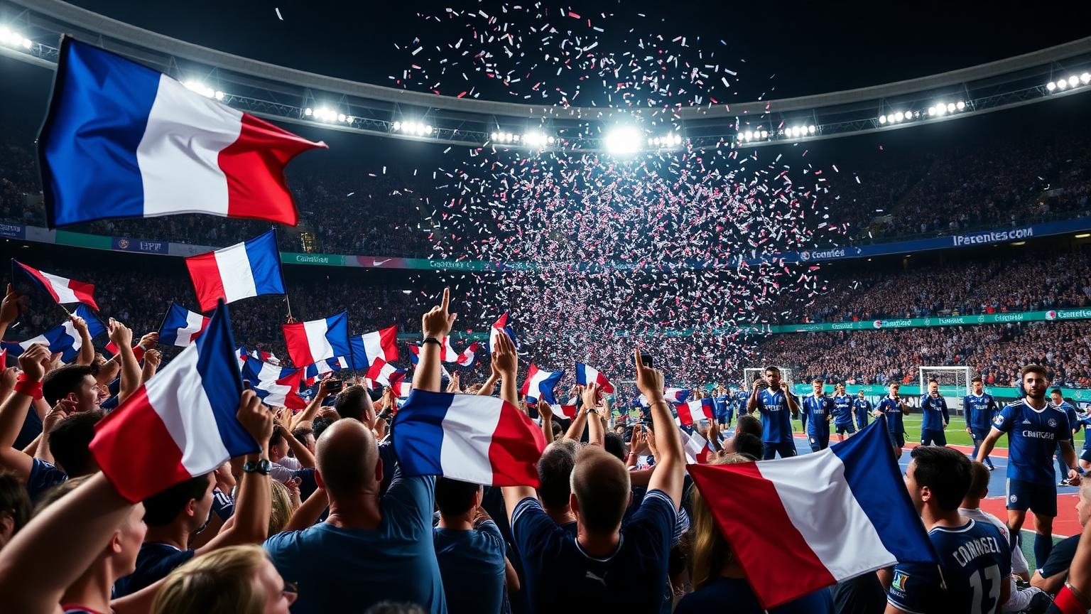 Supporters français brandissant des drapeaux tricolores dans un stade pendant la Coupe du monde 2026