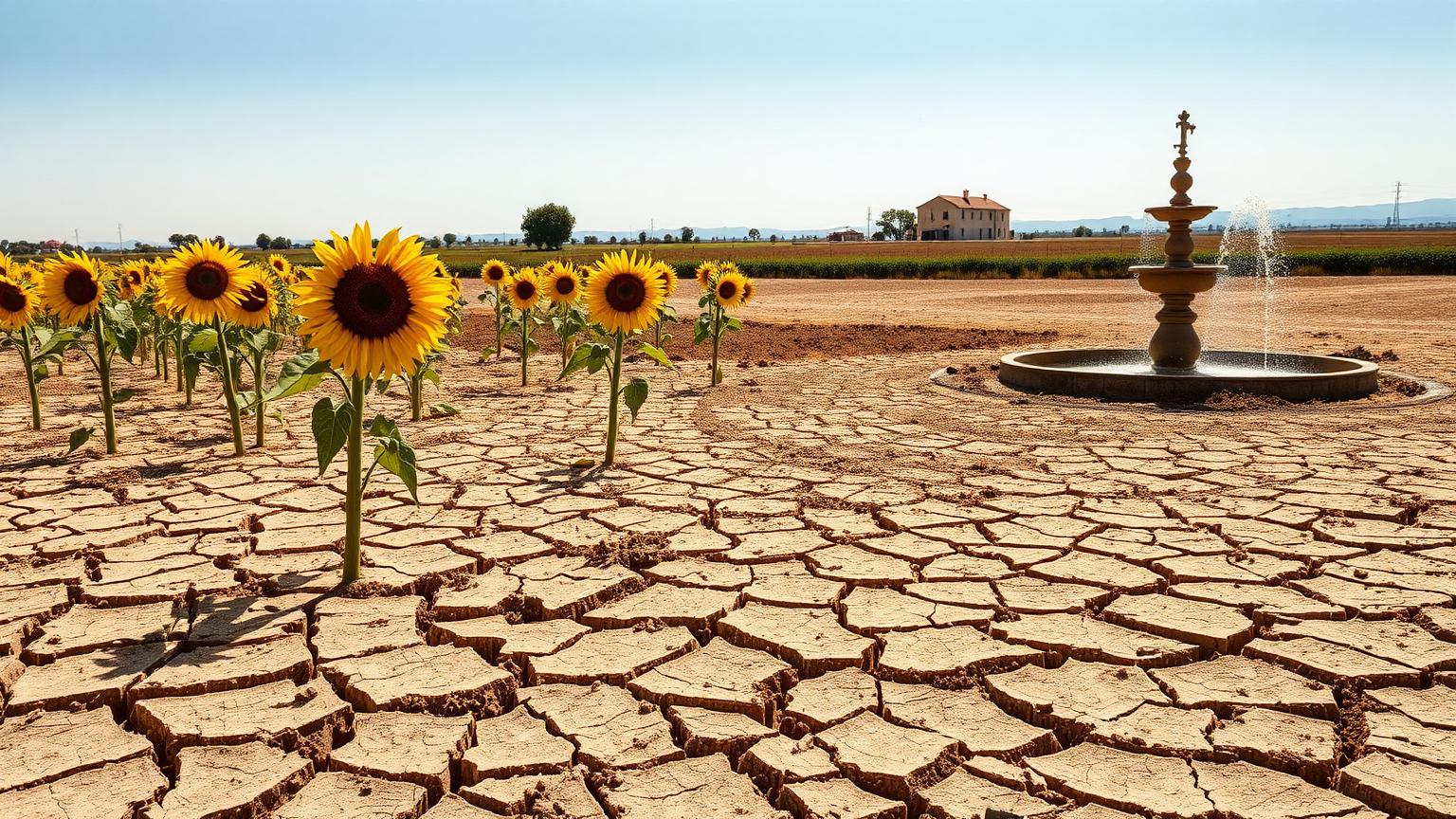 Terre craquelée et tournesols fanés dans un champ français touché par la sécheresse de l'été 2026