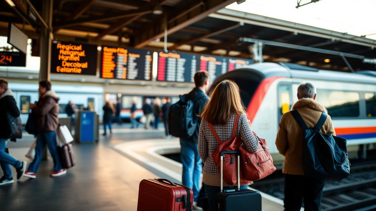 Voyageurs avec valises attendant sur un quai de gare en été pendant les grèves dans les transports