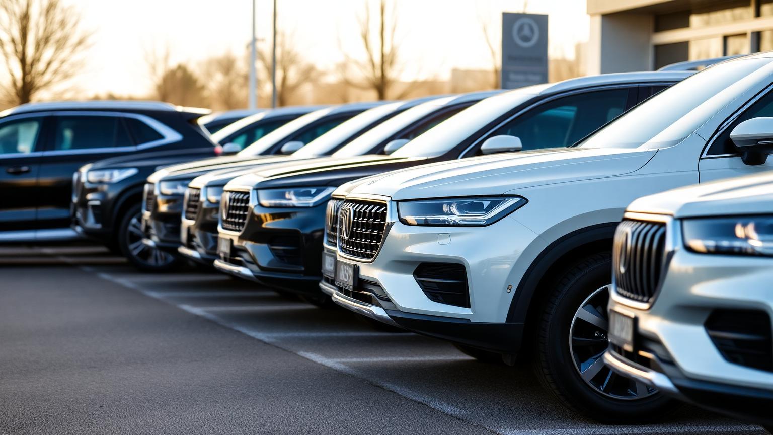 Rangée de SUV neufs sur le parking d'une concession automobile en France