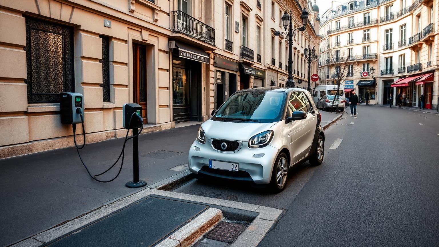 Petite citadine électrique branchée sur une borne de recharge dans une rue parisienne
