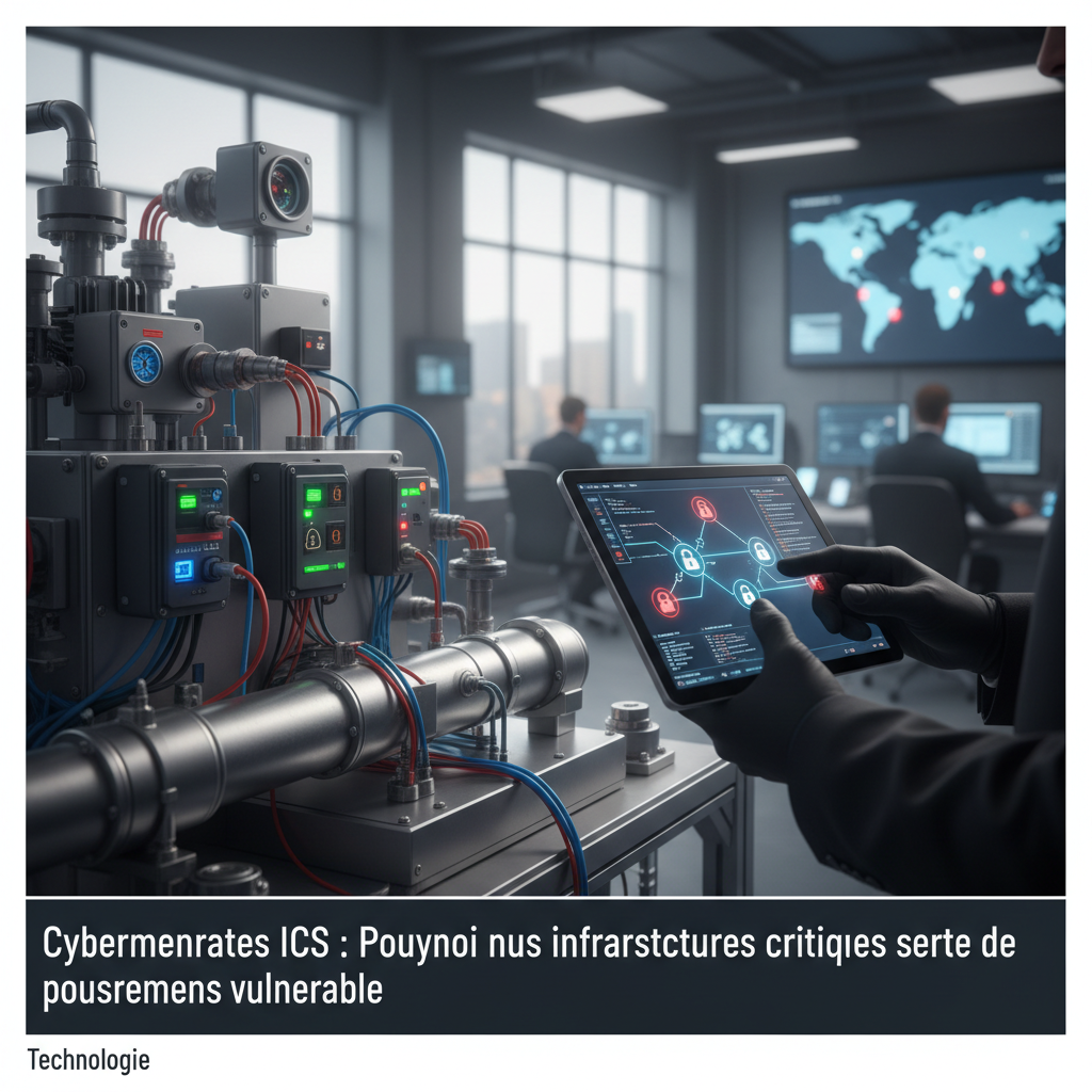 Un réseau industriel avec des icônes de menaces cybernétiques et des verrous brisés.