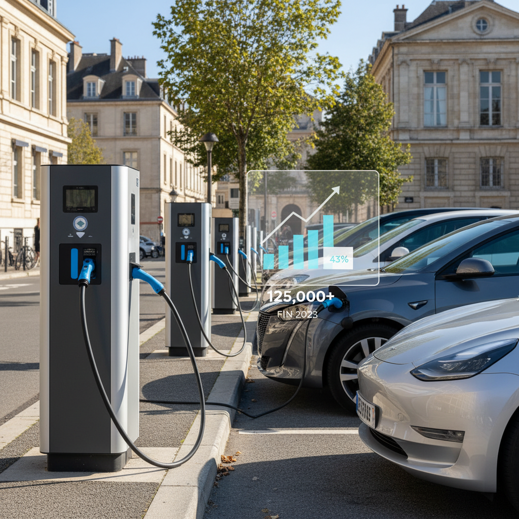 Une borne de recharge pour véhicules électriques avec un câble branché, sur un parking en France.