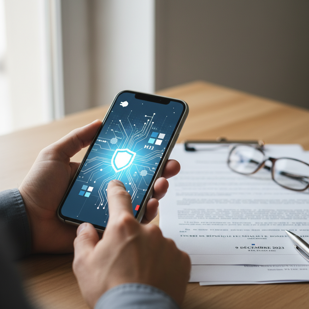 Logo France Identité sur un smartphone, avec la date "9 décembre 2023" en surimpression.
