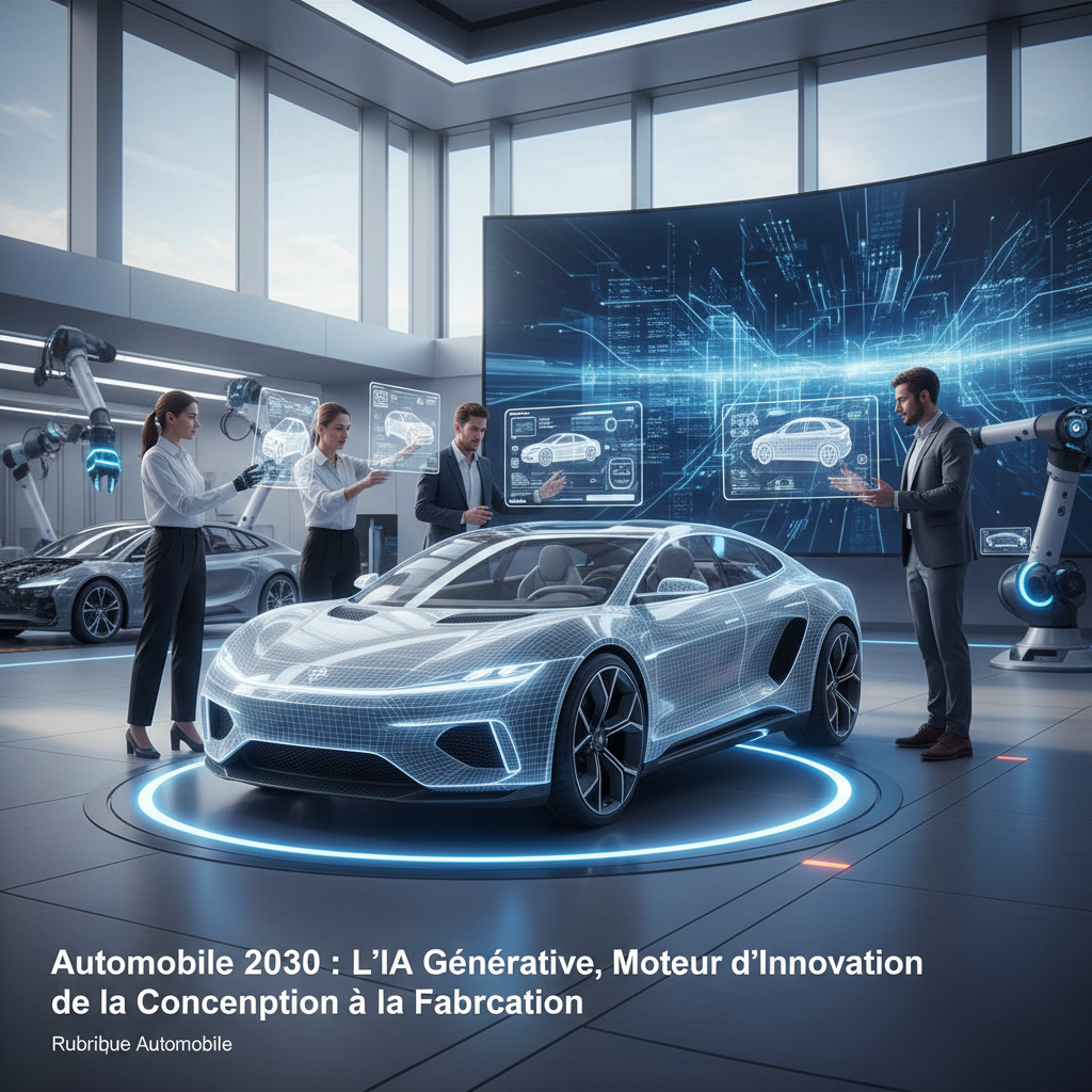 Une voiture futuriste stylisée, avec des lignes fluides générées par ordinateur, sur fond de circuits neuronaux.