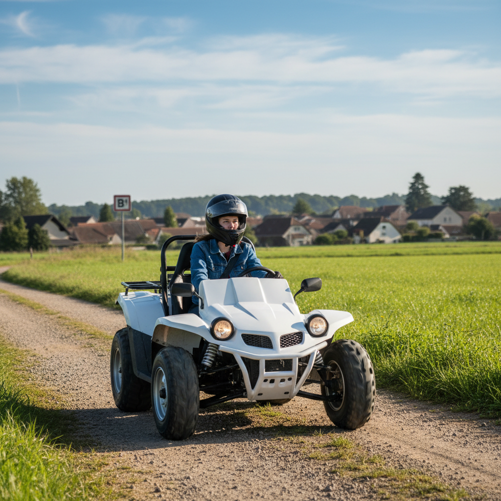 Un quadricycle lourd à moteur, type voiturette, circulant sur une route.