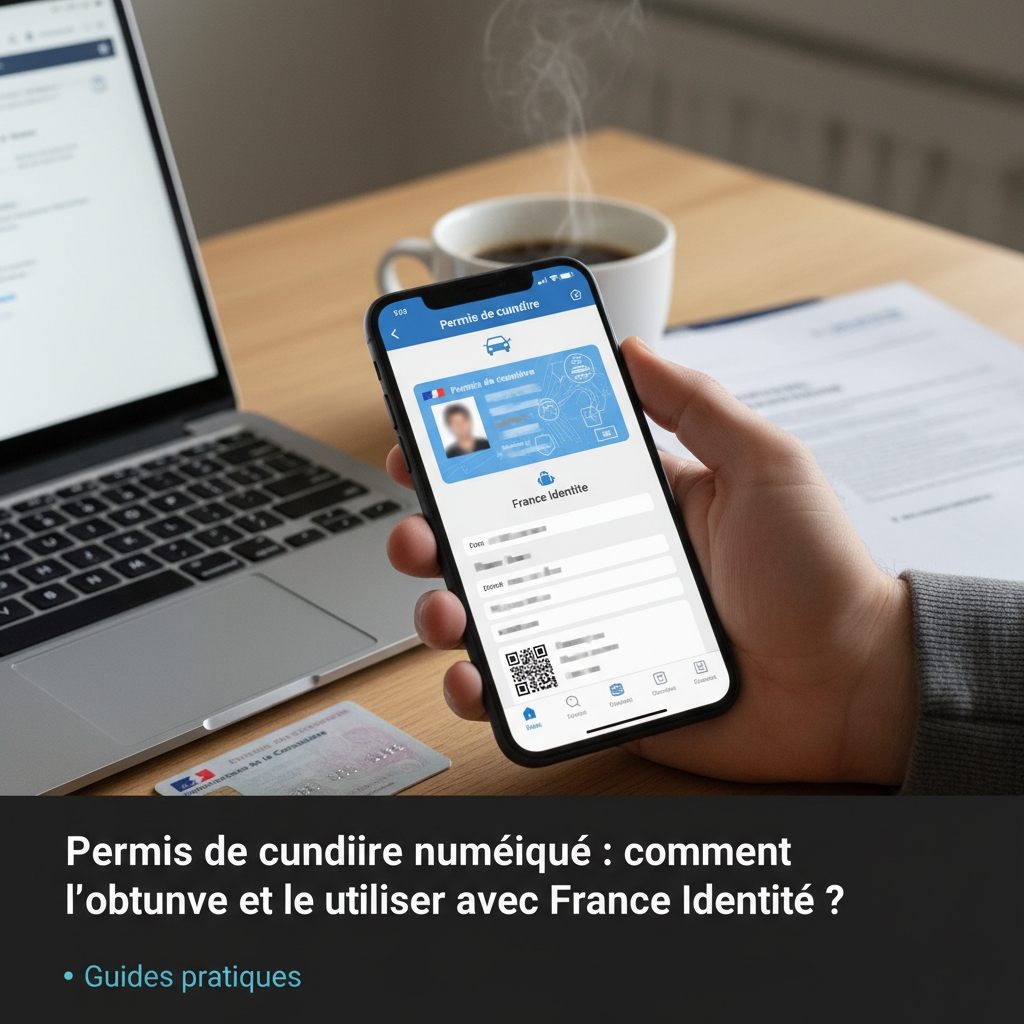 Un smartphone affiche l'application France Identité avec un permis de conduire numérique.