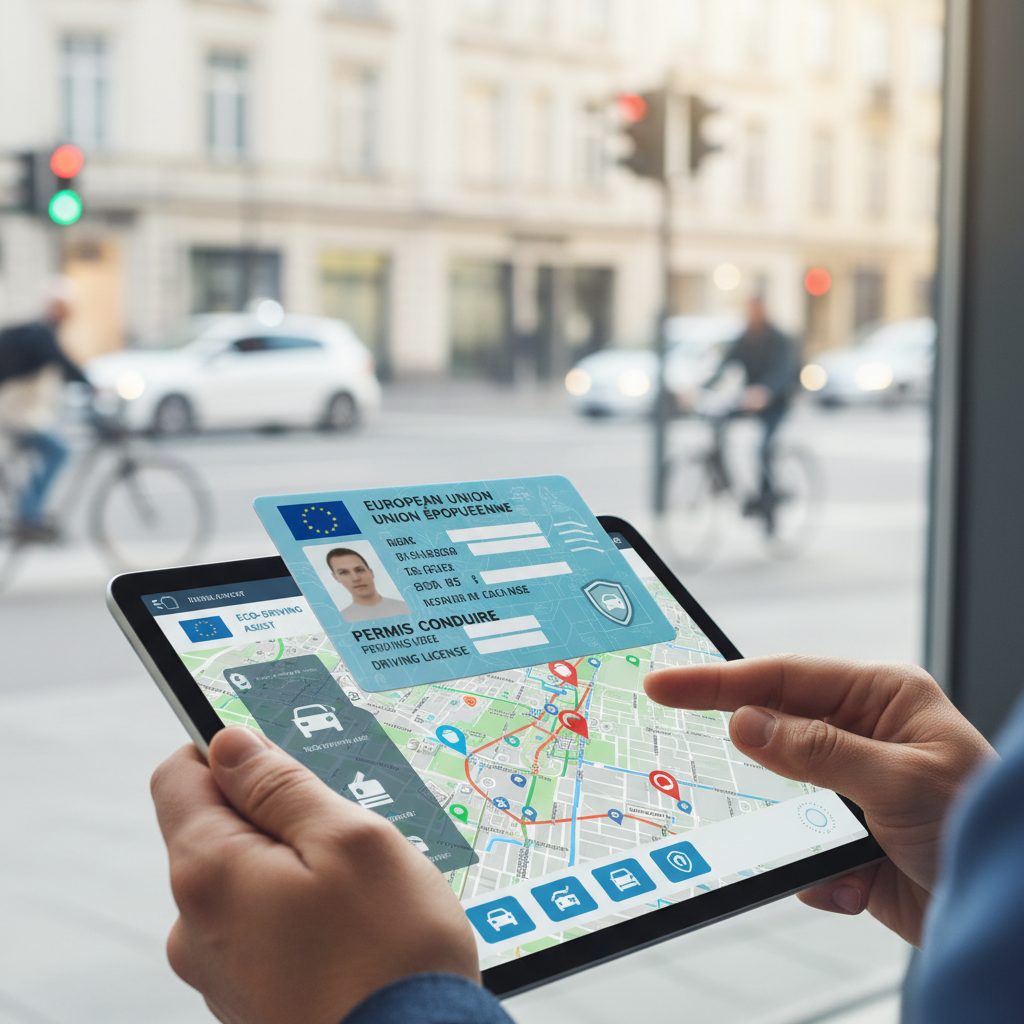Un permis de conduire européen en format carte, avec le drapeau de l'UE et des symboles de sécurité.