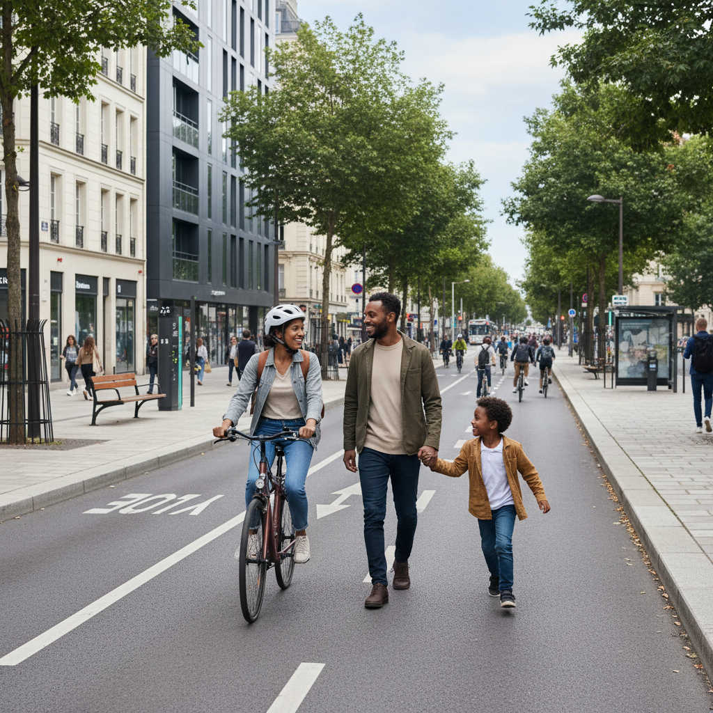 Une personne à vélo sur une piste cyclable moderne, avec des piétons en arrière-plan.