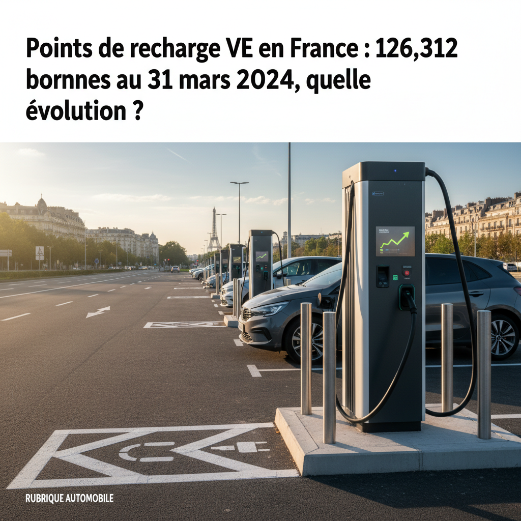 Graphique montrant l'évolution du nombre de points de recharge pour véhicules électriques en France, avec le chiffre de 126 312 au 31 mars 2024.