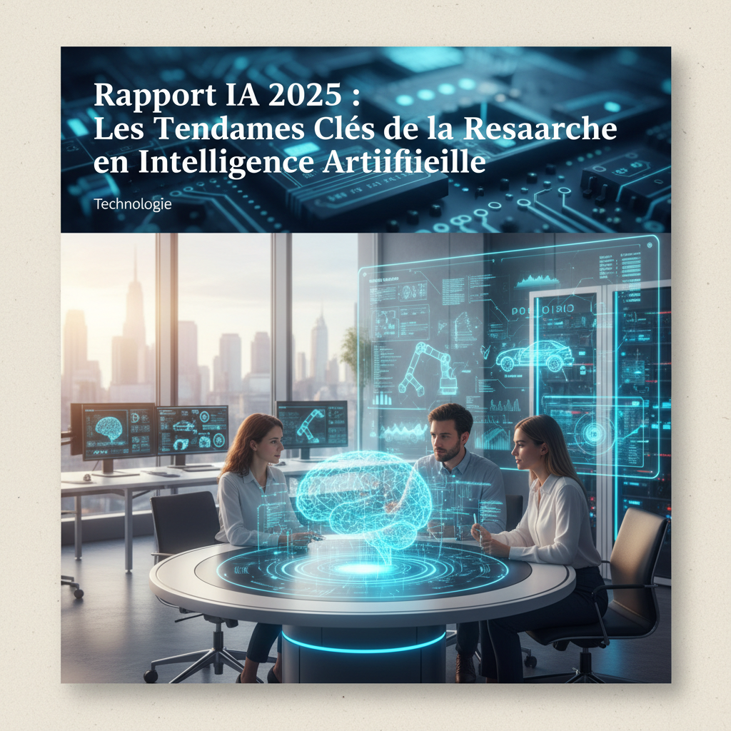 Un graphique futuriste illustrant les tendances clés de la recherche en intelligence artificielle pour 2025.